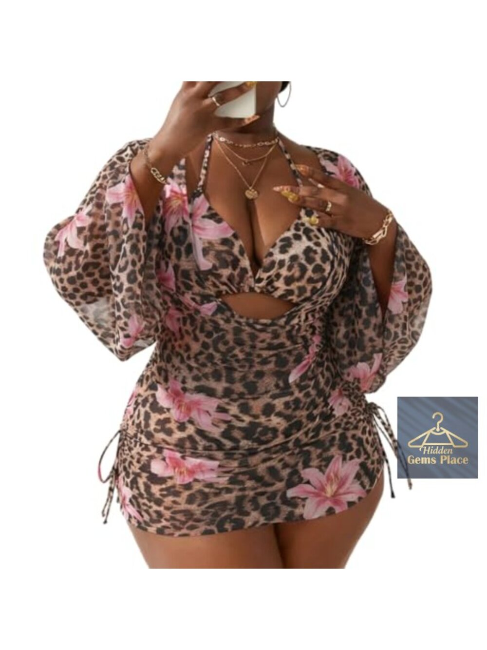 Plus Size 3 Piece Bikini Set with Sheer Cover Up Halter Triangle Top